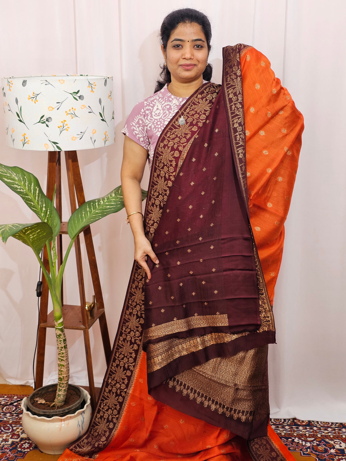 Jute Banarasi Silk Saree - Orange with Brown