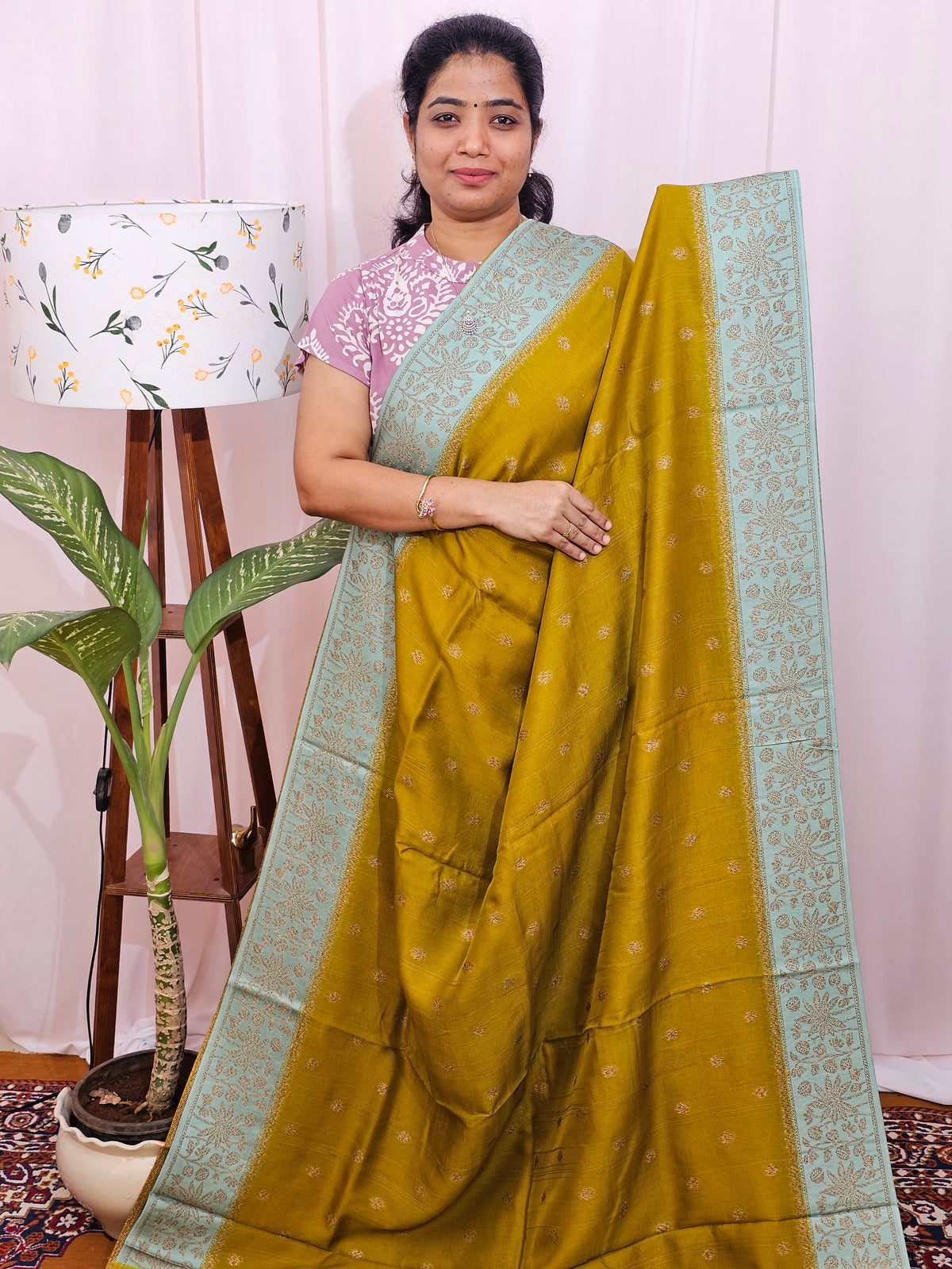 Jute Banarasi Silk Saree - Mehendi Green with Pastel Sea Green
