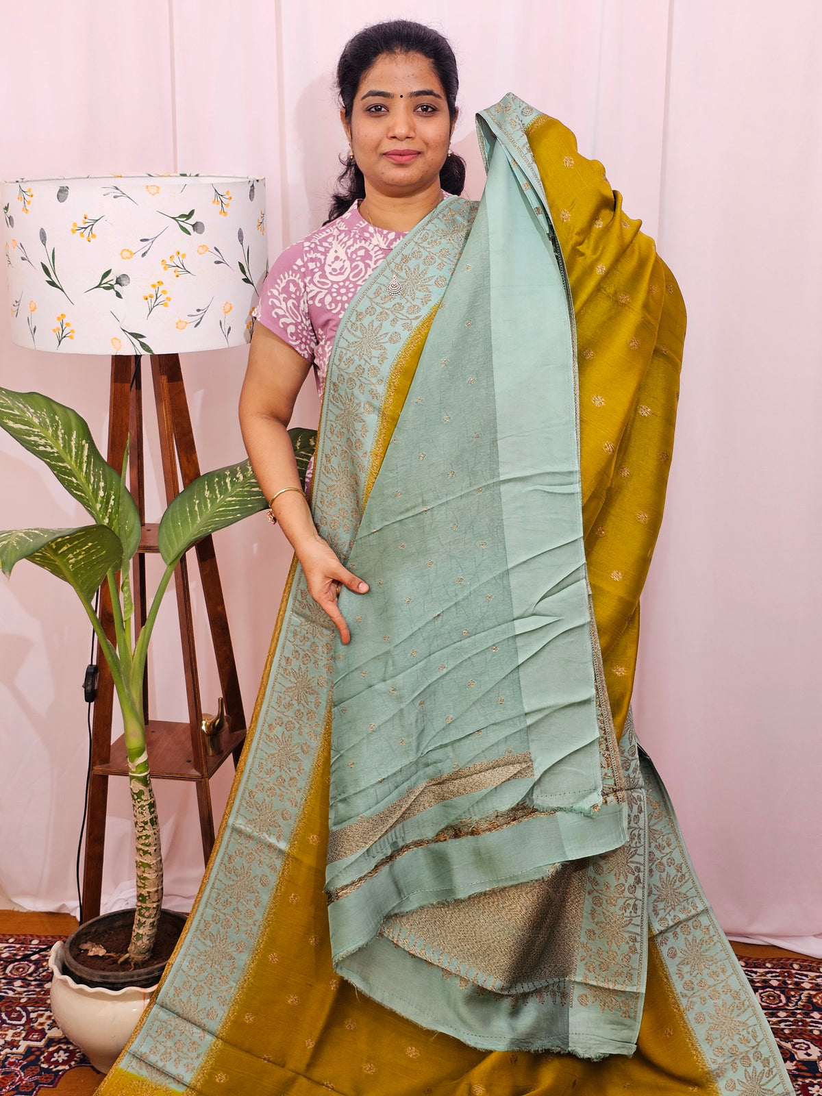 Jute Banarasi Silk Saree - Mehendi Green with Pastel Sea Green