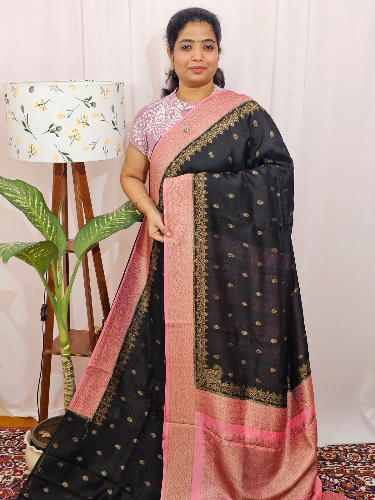 Jute Banarasi Silk Saree - Black with Pink