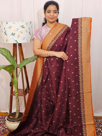 Jute Banarasi Silk Saree - Brown with Orange