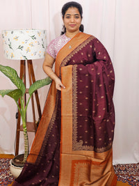 Jute Banarasi Silk Saree - Brown with Orange