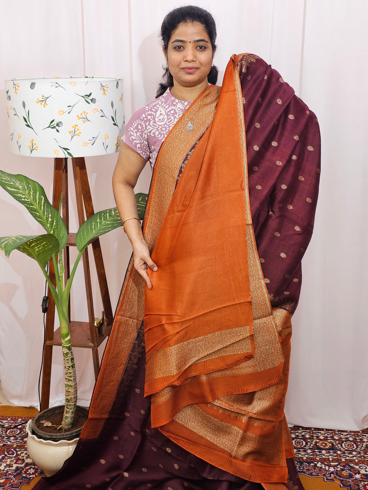 Jute Banarasi Silk Saree - Brown with Orange