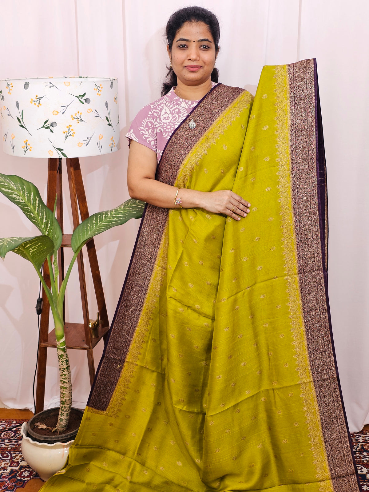 Jute Banarasi Silk Saree - Lime Green with Purple