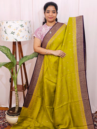 Jute Banarasi Silk Saree - Lime Green with Purple