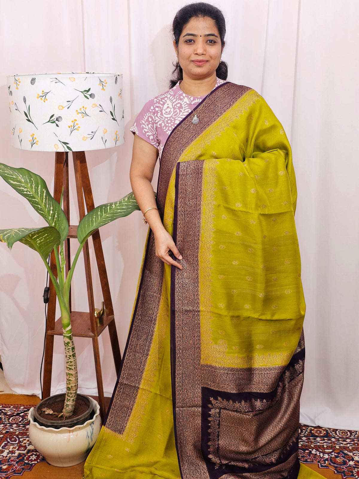 Jute Banarasi Silk Saree - Lime Green with Purple