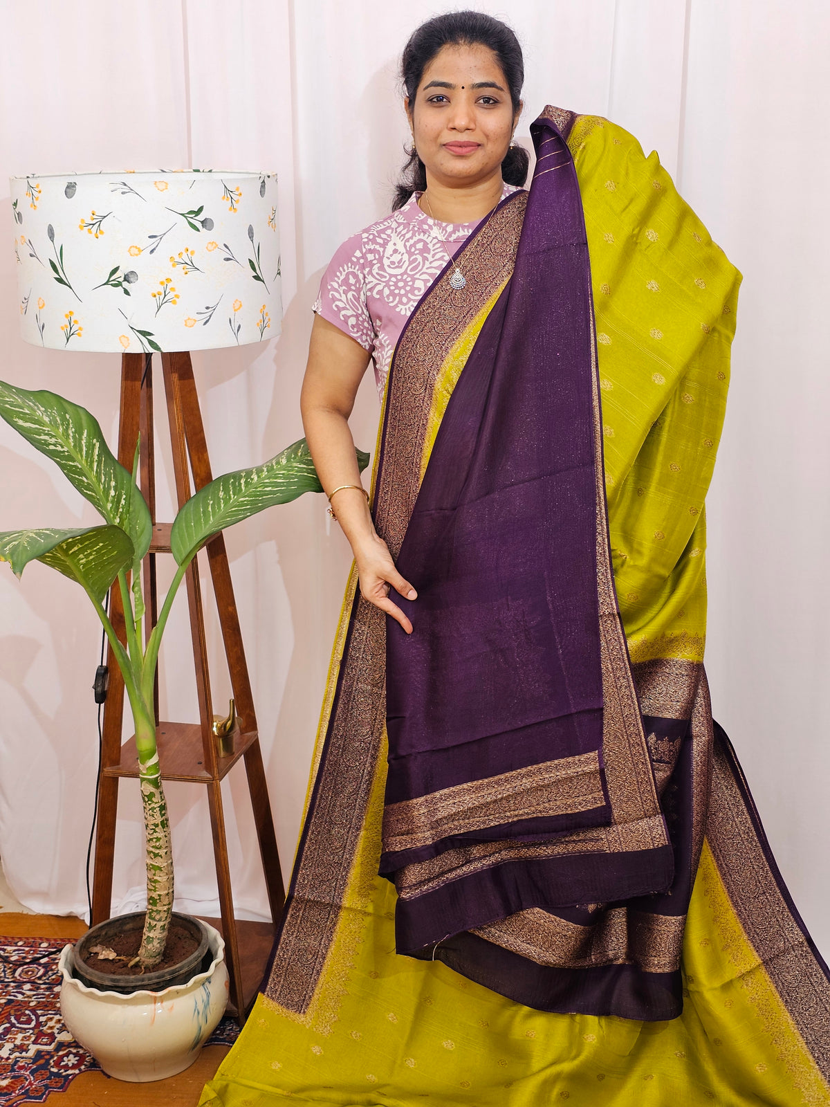 Jute Banarasi Silk Saree - Lime Green with Purple