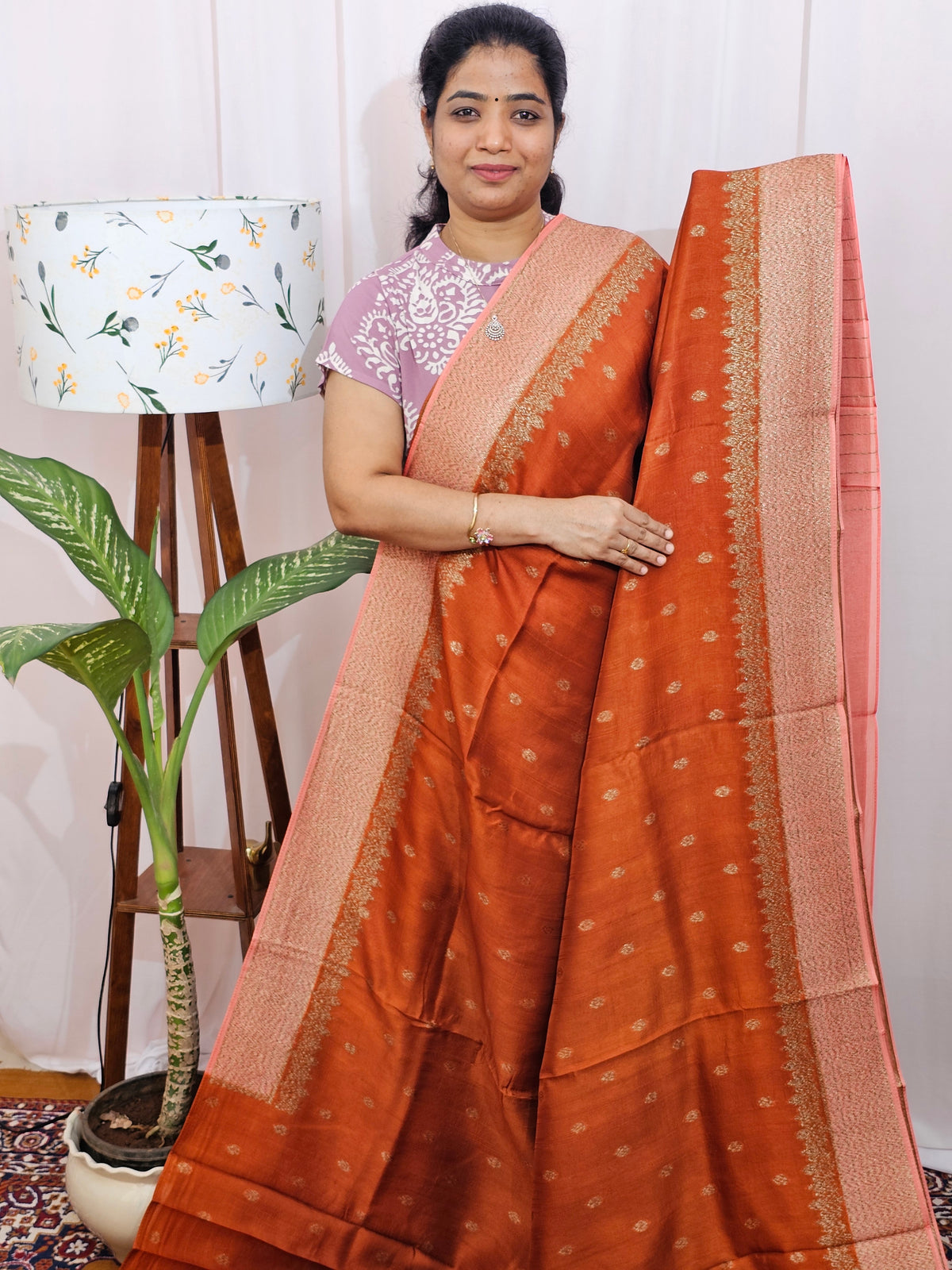 Jute Banarasi Silk Saree - Rust Orange with Peach