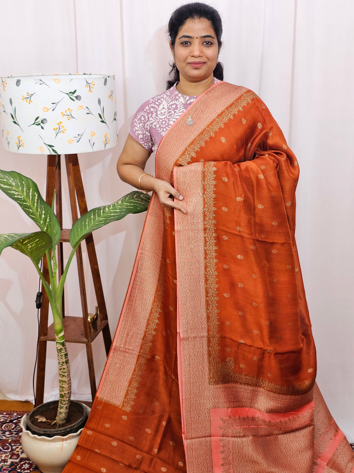 Jute Banarasi Silk Saree - Rust Orange with Peach
