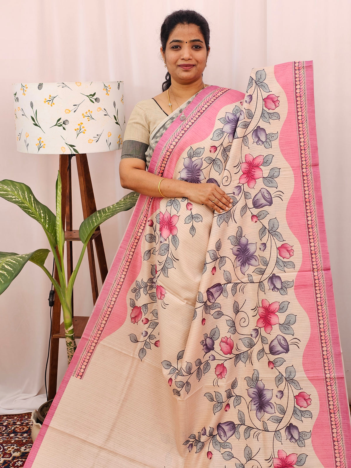 Green Silk with Digital Prints - Pink
