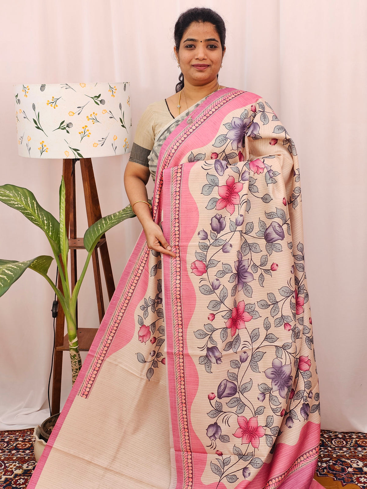 Green Silk with Digital Prints - Pink