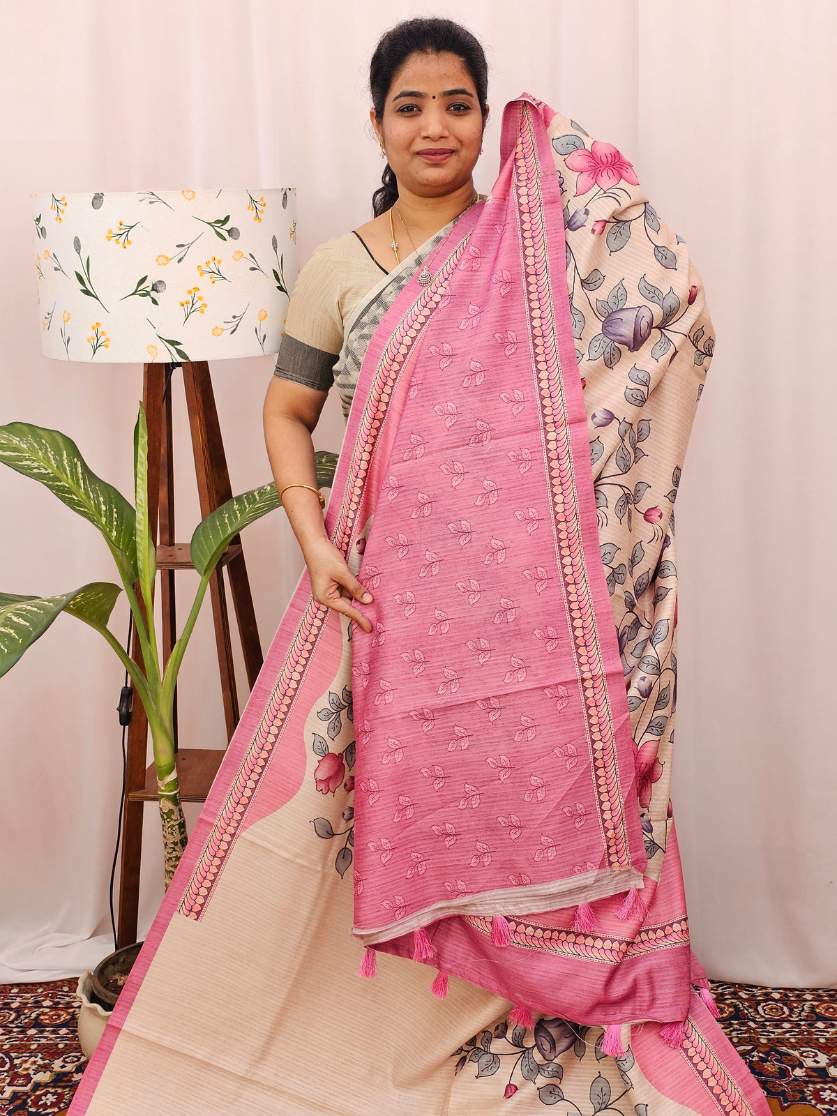 Green Silk with Digital Prints - Pink