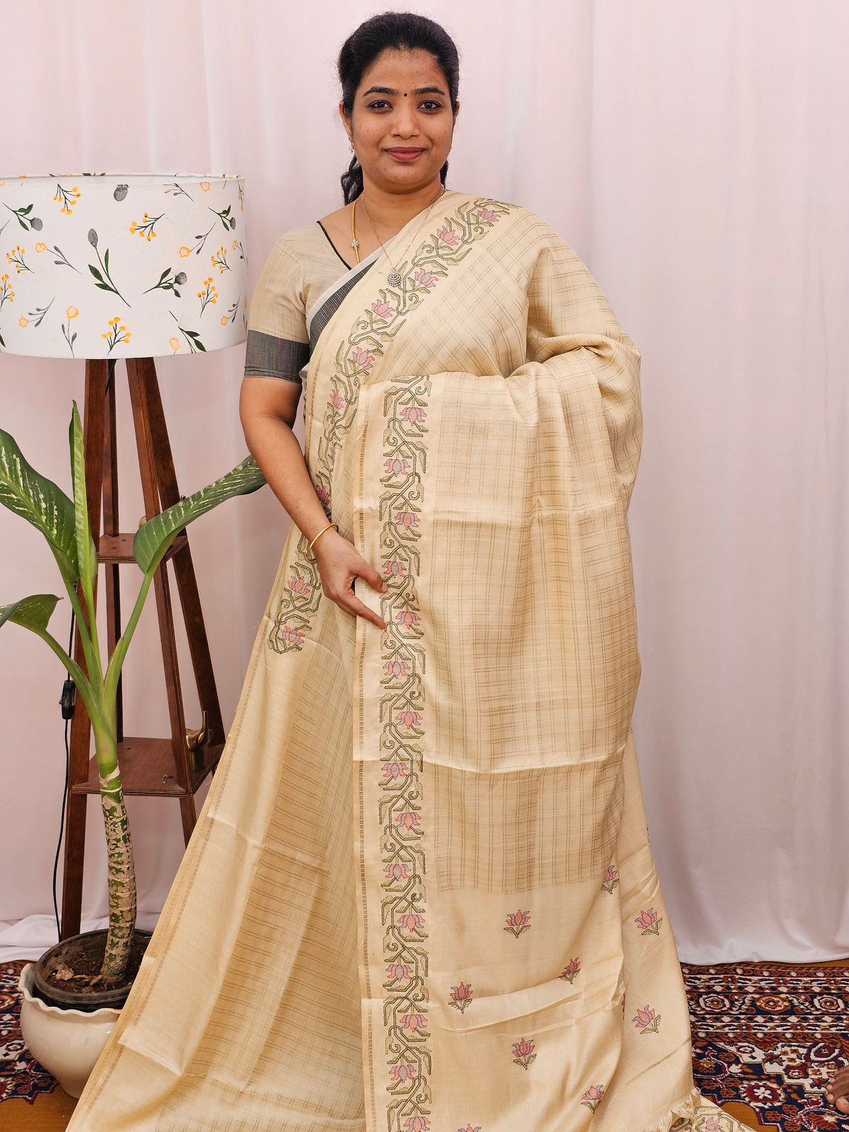 Soft Tussar Checks Weaving - Cream