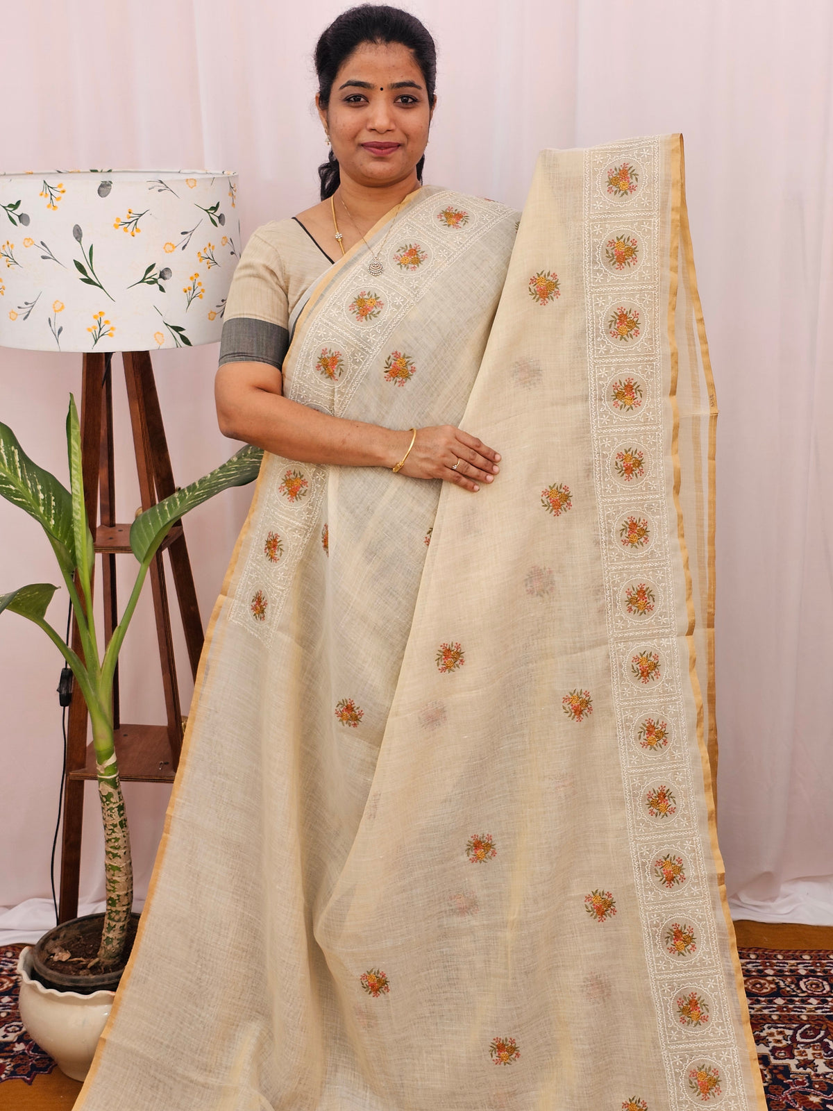 Soft Linen Tissue with Emboridery Work - Cream with Mustard