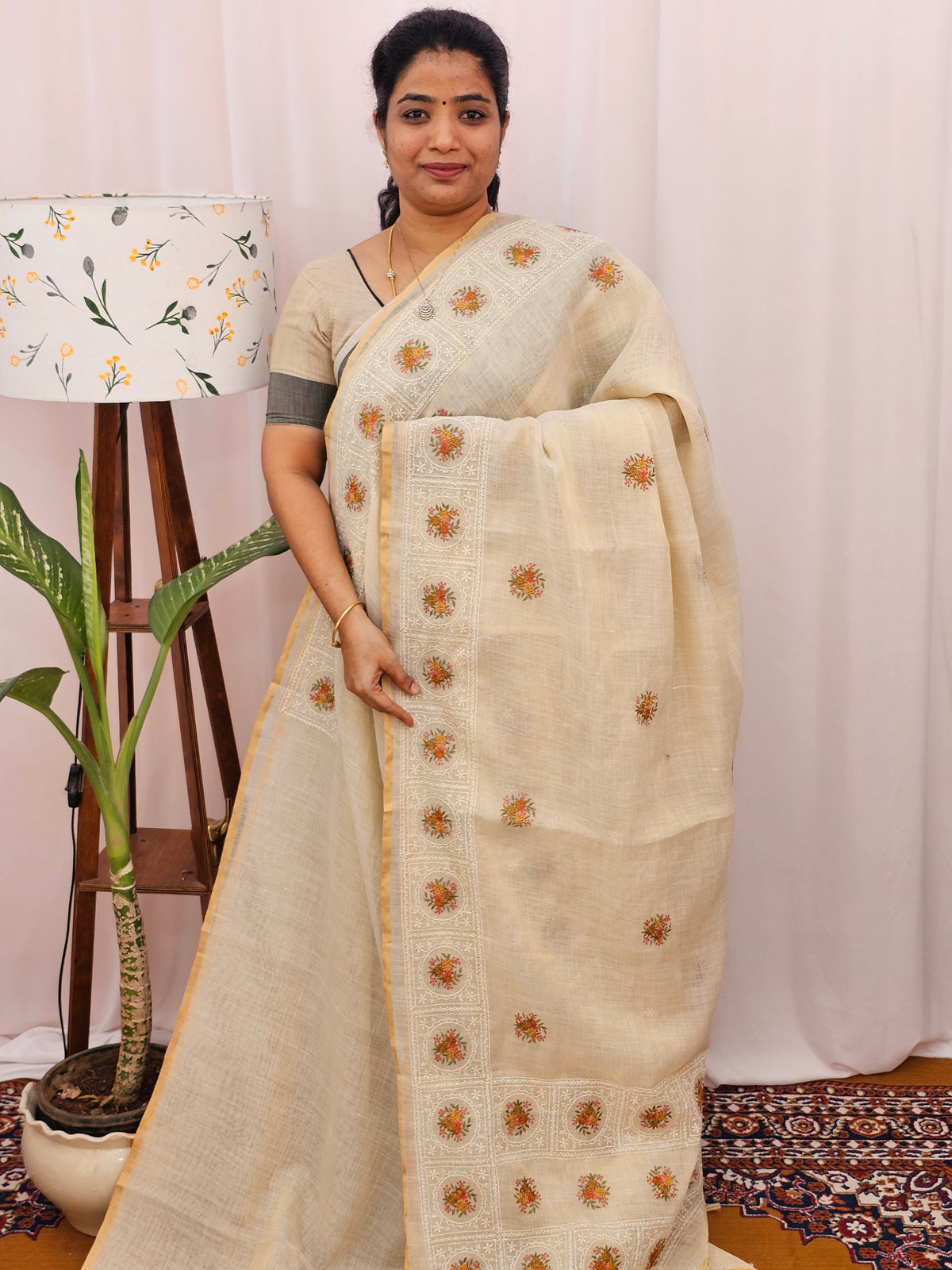 Soft Linen Tissue with Emboridery Work - Cream with Mustard