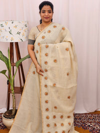 Soft Linen Tissue with Emboridery Work - Cream with Mustard