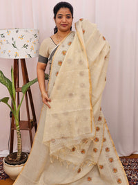 Soft Linen Tissue with Emboridery Work - Cream with Mustard