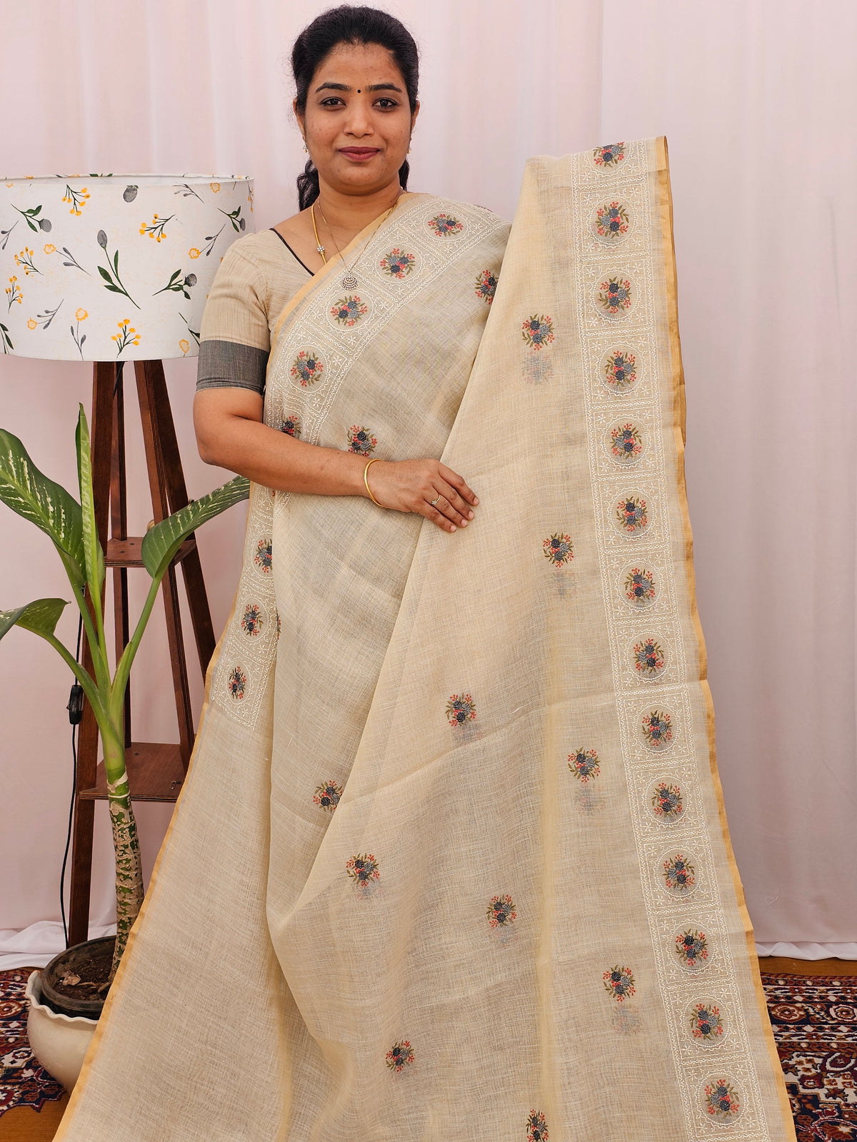 Soft Linen Tissue with Emboridery Work - Cream with Grey