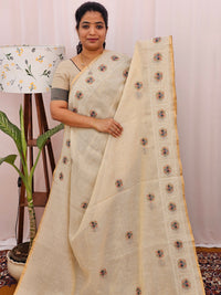 Soft Linen Tissue with Emboridery Work - Cream with Grey