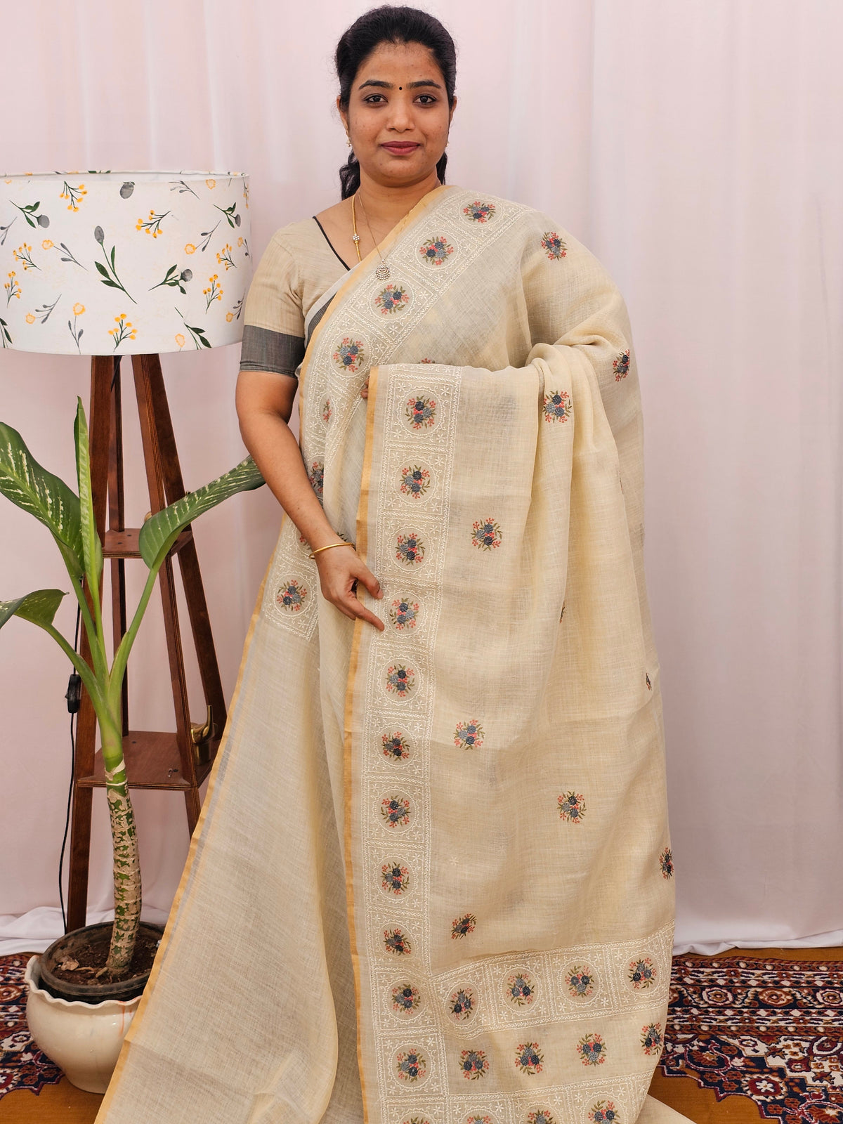 Soft Linen Tissue with Emboridery Work - Cream with Grey