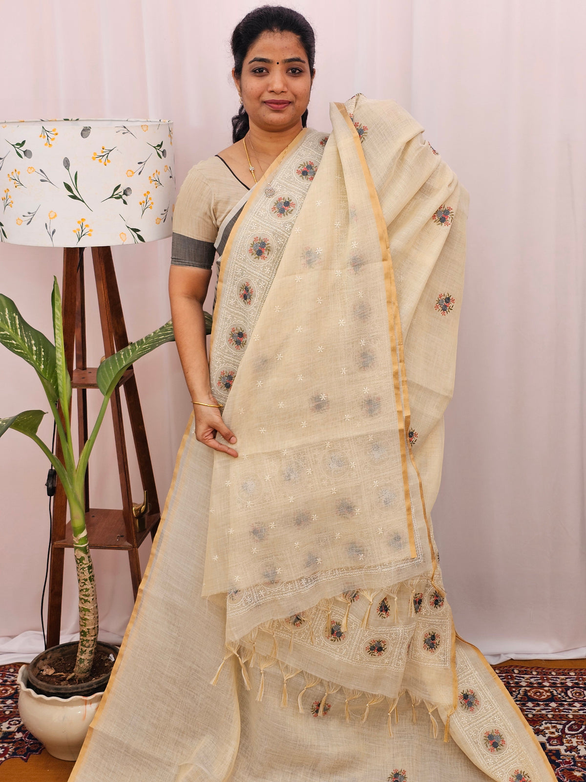 Soft Linen Tissue with Emboridery Work - Cream with Grey