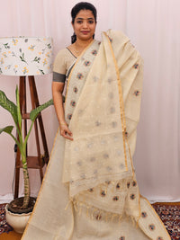 Soft Linen Tissue with Emboridery Work - Cream with Grey