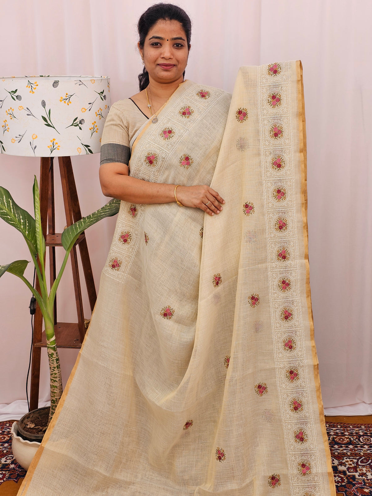 Soft Linen Tissue with Emboridery Work - Cream with Pink