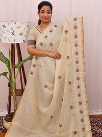 Soft Linen Tissue with Emboridery Work - Cream with Pink