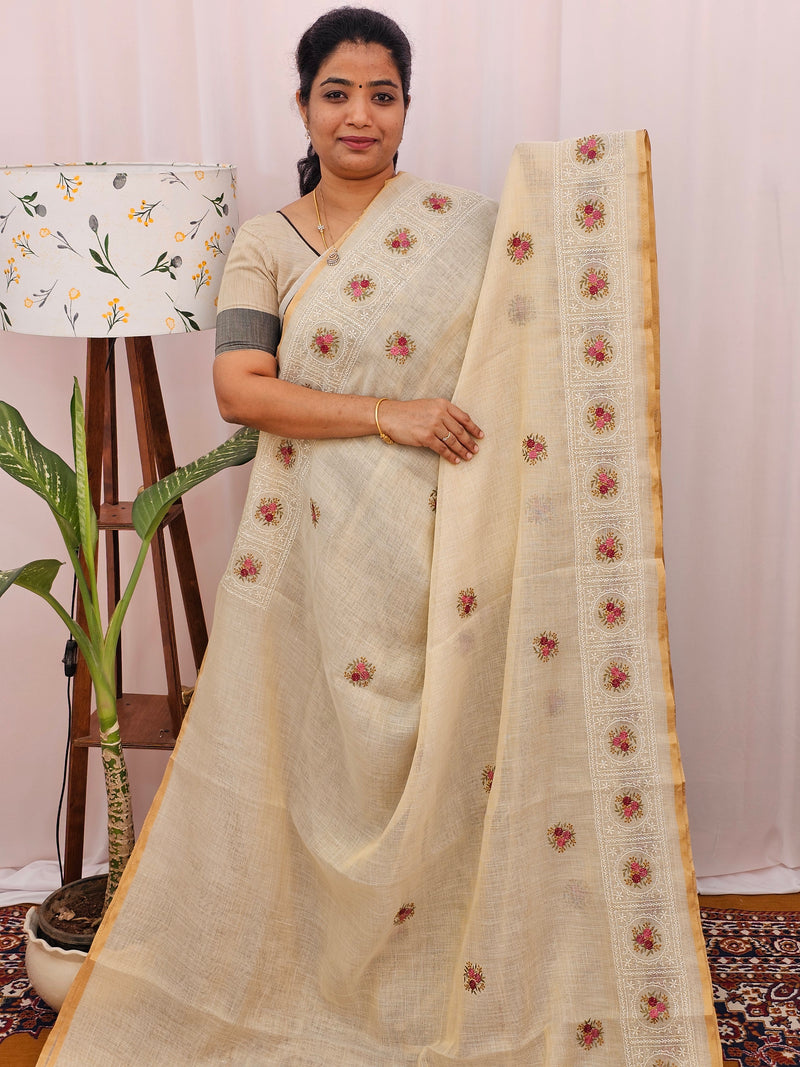 Soft Linen Tissue with Emboridery Work - Cream with Pink
