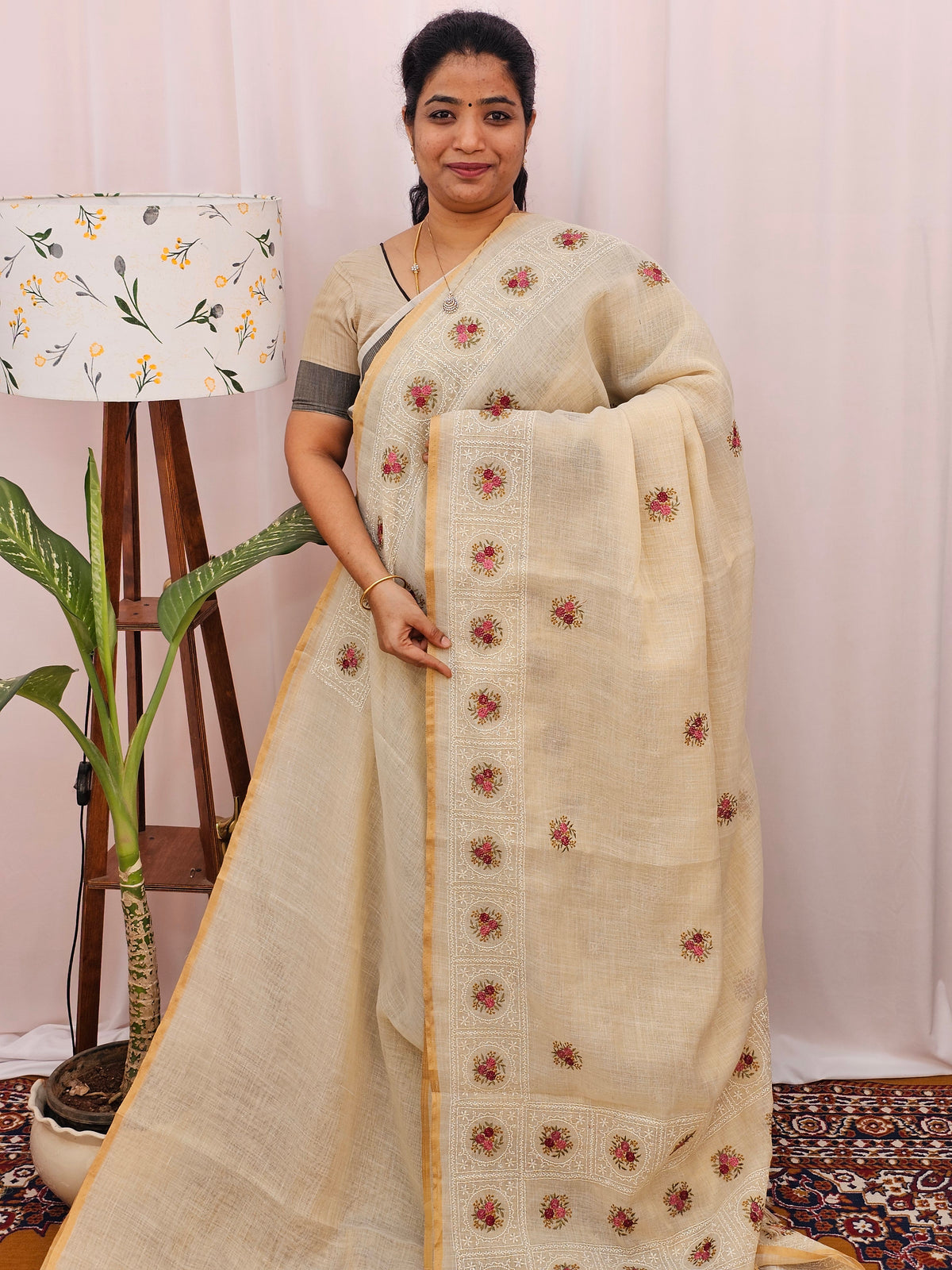 Soft Linen Tissue with Emboridery Work - Cream with Pink