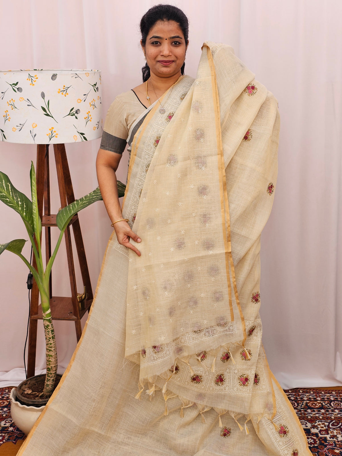 Soft Linen Tissue with Emboridery Work - Cream with Pink