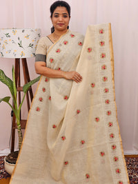 Soft Linen Tissue with Emboridery Work - Cream with Peach