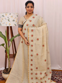 Soft Linen Tissue with Emboridery Work - Cream with Peach