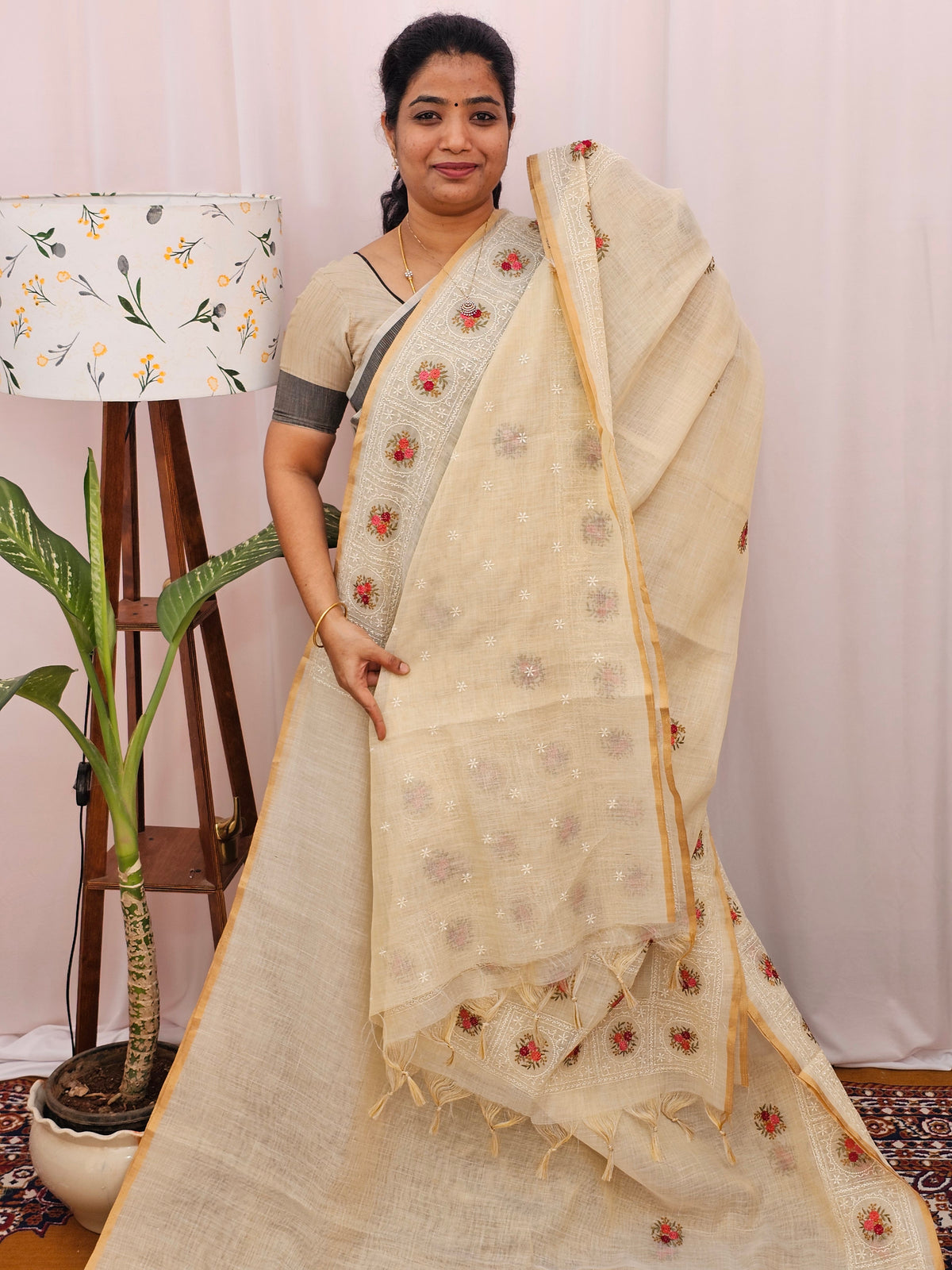 Soft Linen Tissue with Emboridery Work - Cream with Peach