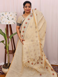 Soft Linen Tissue with Emboridery Work - Cream with Peach