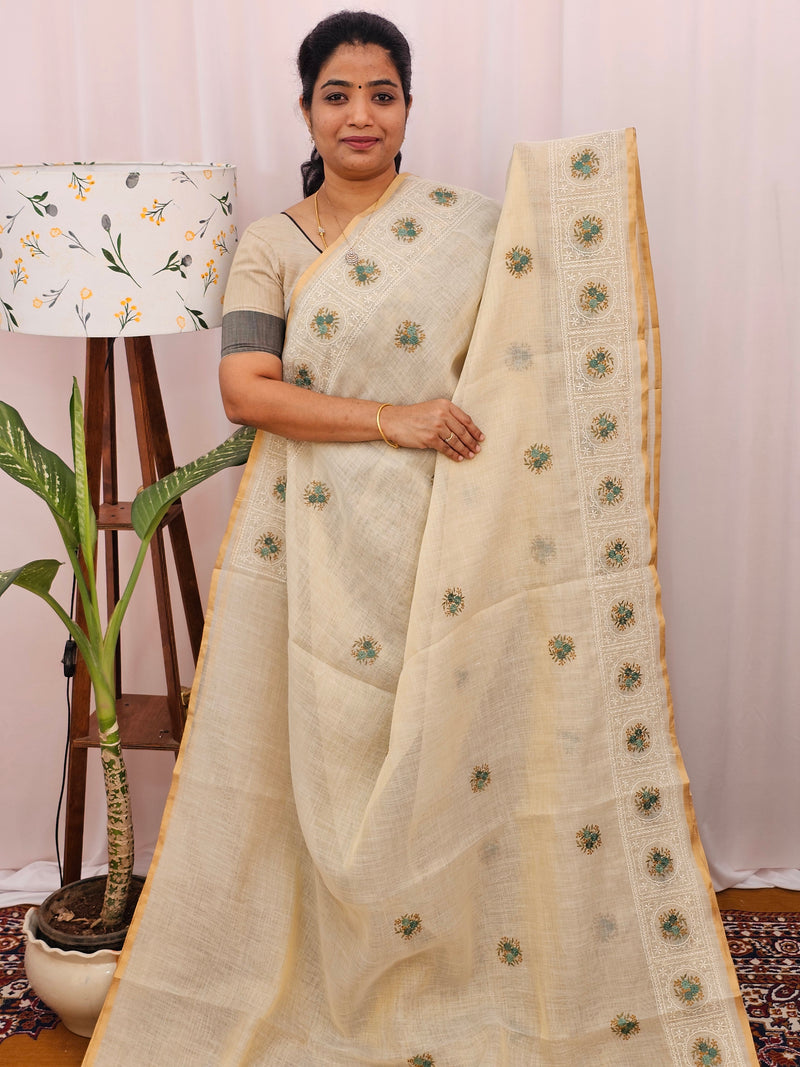 Soft Linen Tissue with Emboridery Work - Cream with Sea Green