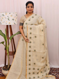 Soft Linen Tissue with Emboridery Work - Cream with Sea Green