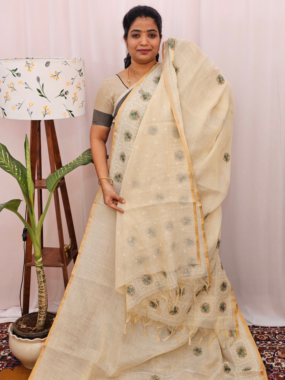 Soft Linen Tissue with Emboridery Work - Cream with Sea Green