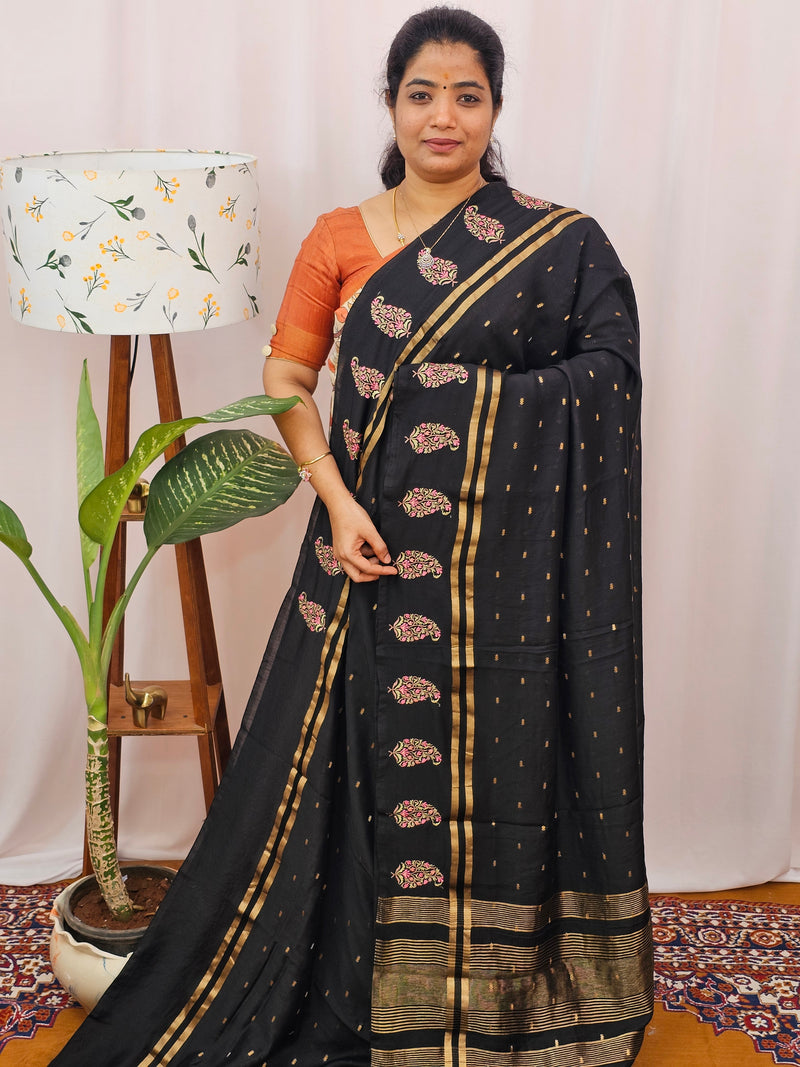 Soft Semi Silk with Heavy Embroidery - Black