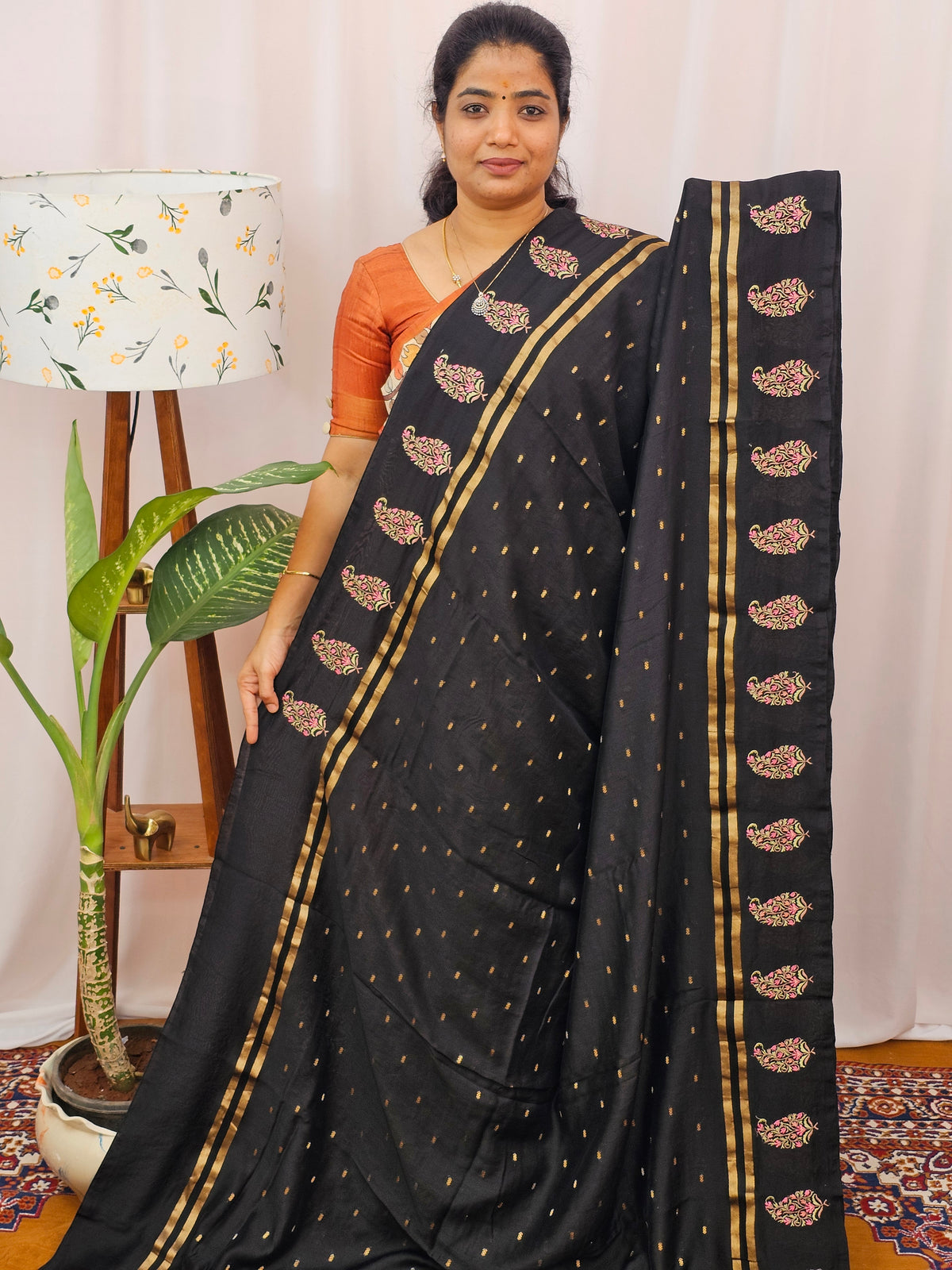 Soft Semi Silk with Heavy Embroidery - Black