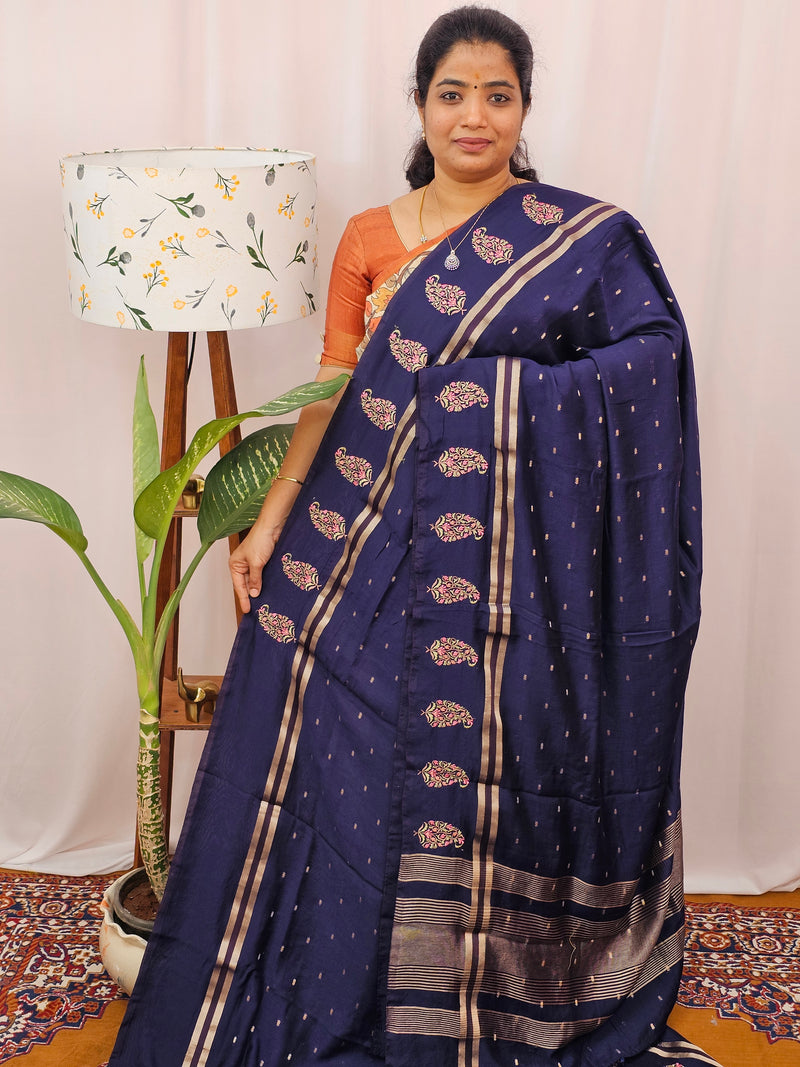 Soft Semi Silk with Heavy Embroidery - Blue