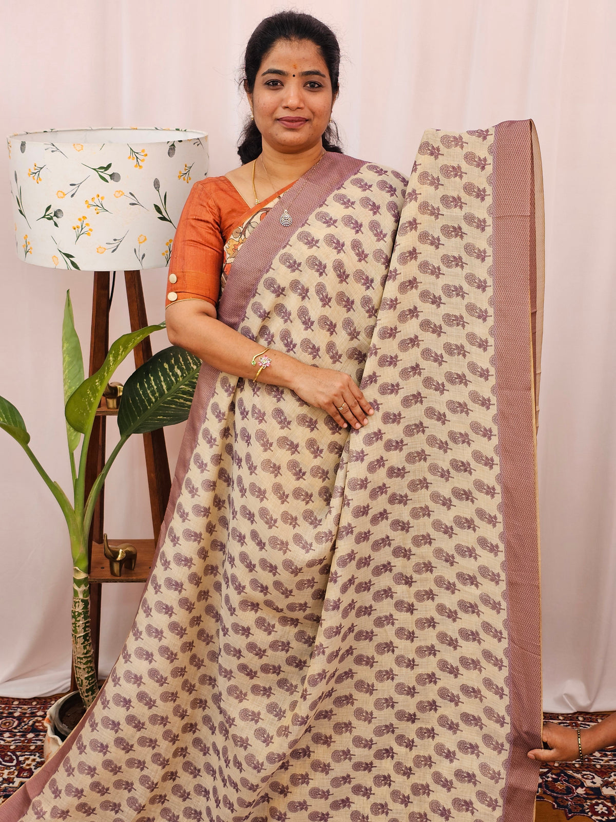 Linen Tissue Digital Prints with Hand Emboridery Work - Cream with Purple