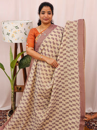Linen Tissue Digital Prints with Hand Emboridery Work - Cream with Purple