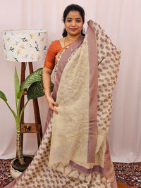 Linen Tissue Digital Prints with Hand Emboridery Work - Cream with Purple