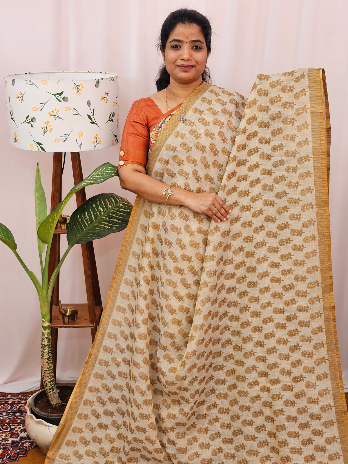Linen Tissue Digital Prints with Hand Emboridery Work - Cream with Mehndi Green