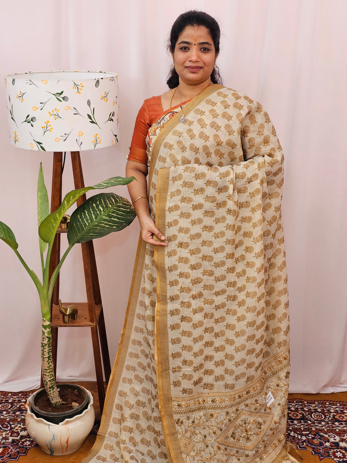 Linen Tissue Digital Prints with Hand Emboridery Work - Cream with Mehndi Green