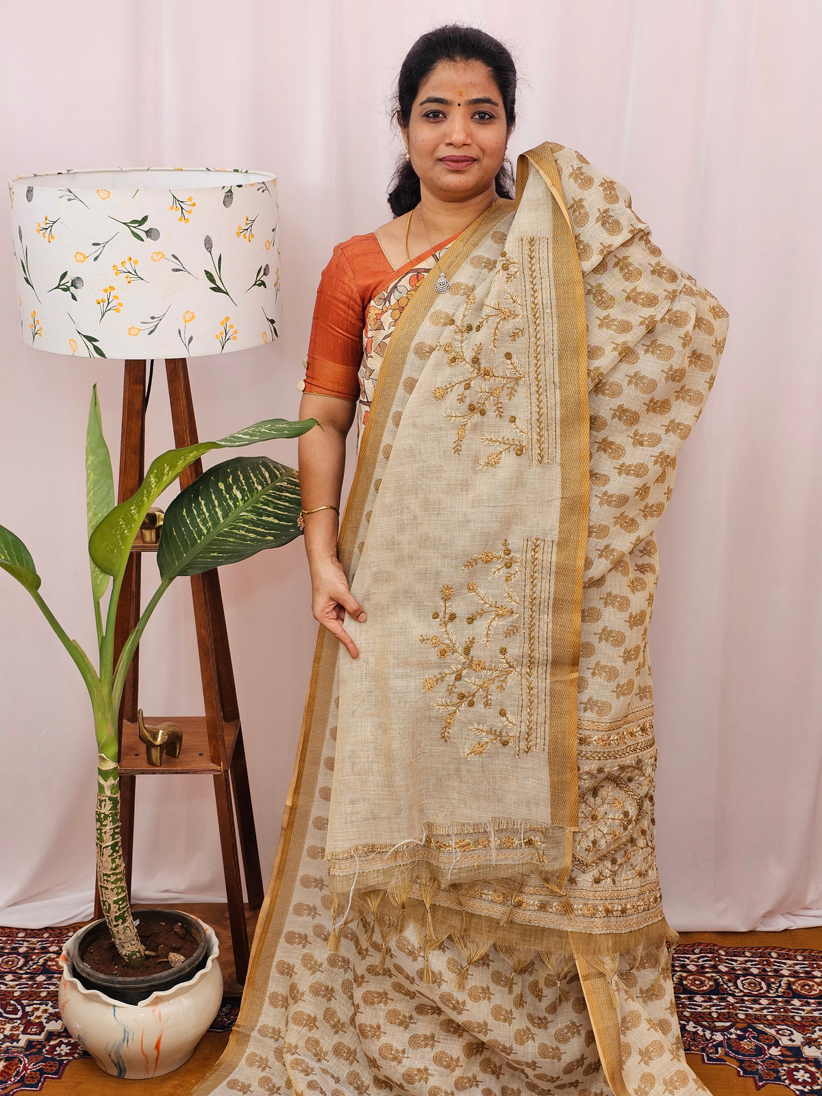 Linen Tissue Digital Prints with Hand Emboridery Work - Cream with Mehndi Green