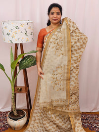 Linen Tissue Digital Prints with Hand Emboridery Work - Cream with Mehndi Green