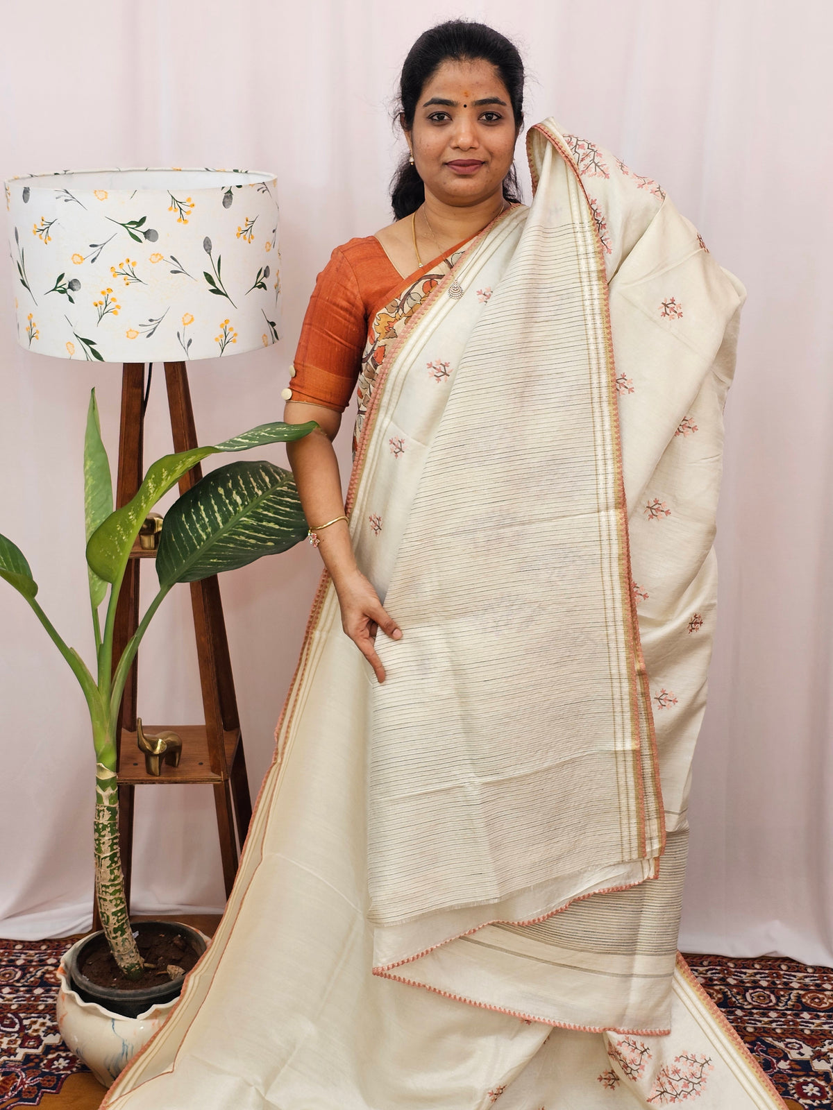 Chanderi Silk with Premium Emboridery Saree - Cream with Peach