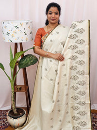 Chanderi Silk with Premium Emboridery Saree - Cream with Green